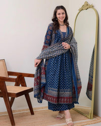 KLOSIA Women's Rayon Printed Anarkali Kurta and Pant with Dupatta Set