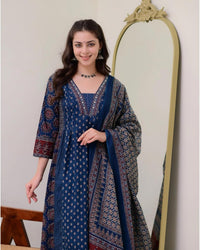 KLOSIA Women's Rayon Printed Anarkali Kurta and Pant with Dupatta Set
